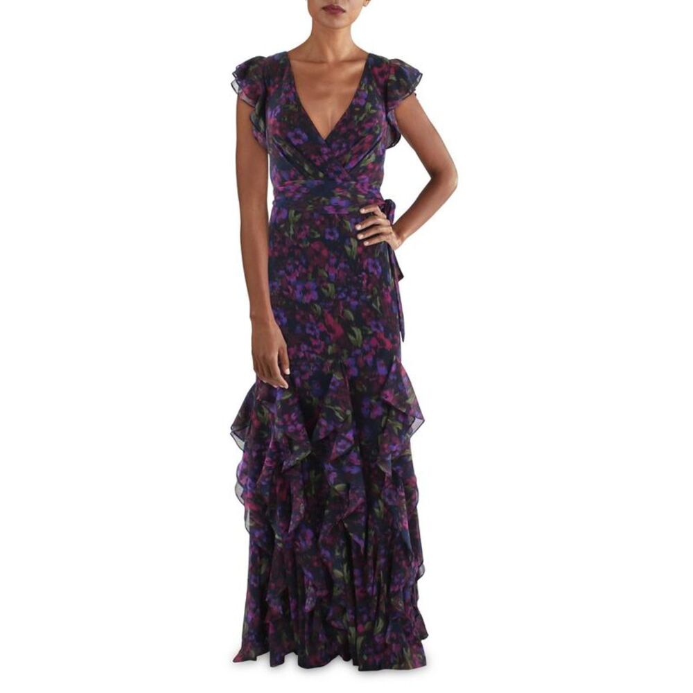 Lauren Ralph Lauren Womens Navy Chiffon Printed Ruffled Maxi Dress - Beautiful!
